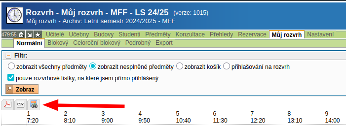 Screenshot modulu Rozvrh NG s šipkou ukazující na tlačítko s iCalem